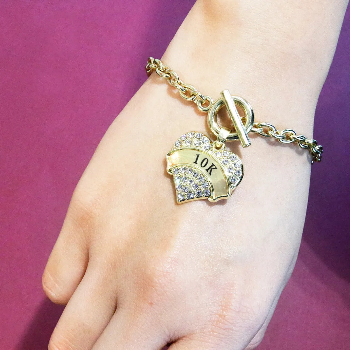 Gold 10k Runner Pave Heart Charm Toggle Bracelet