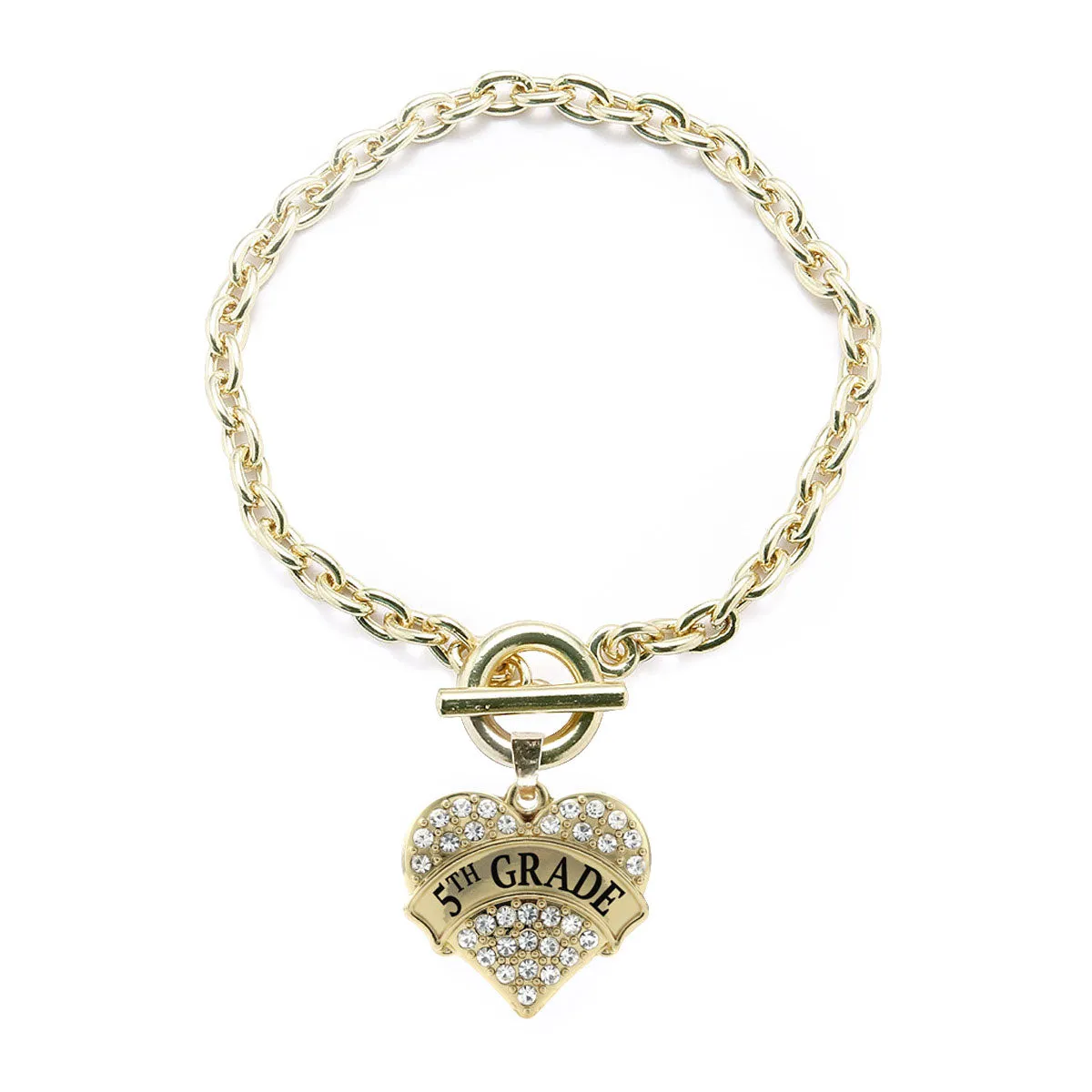 Gold 5th Grade Pave Heart Charm Toggle Bracelet