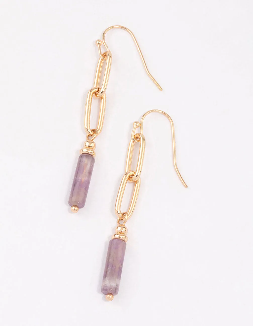 Gold Amethyst Chain Cylinder Stone Earrings