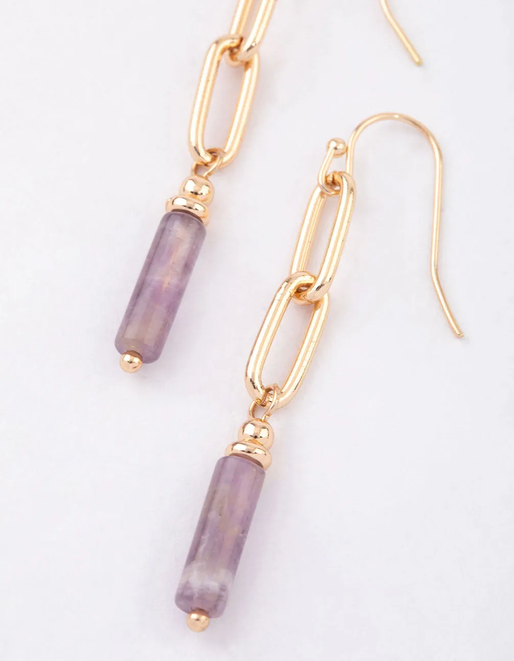 Gold Amethyst Chain Cylinder Stone Earrings