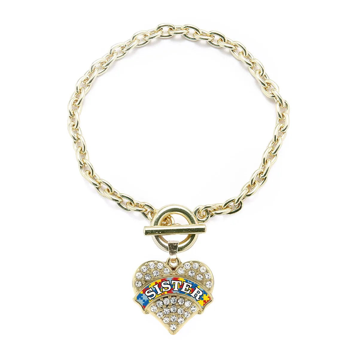 Gold Autism Sister Pave Heart Charm Toggle Bracelet