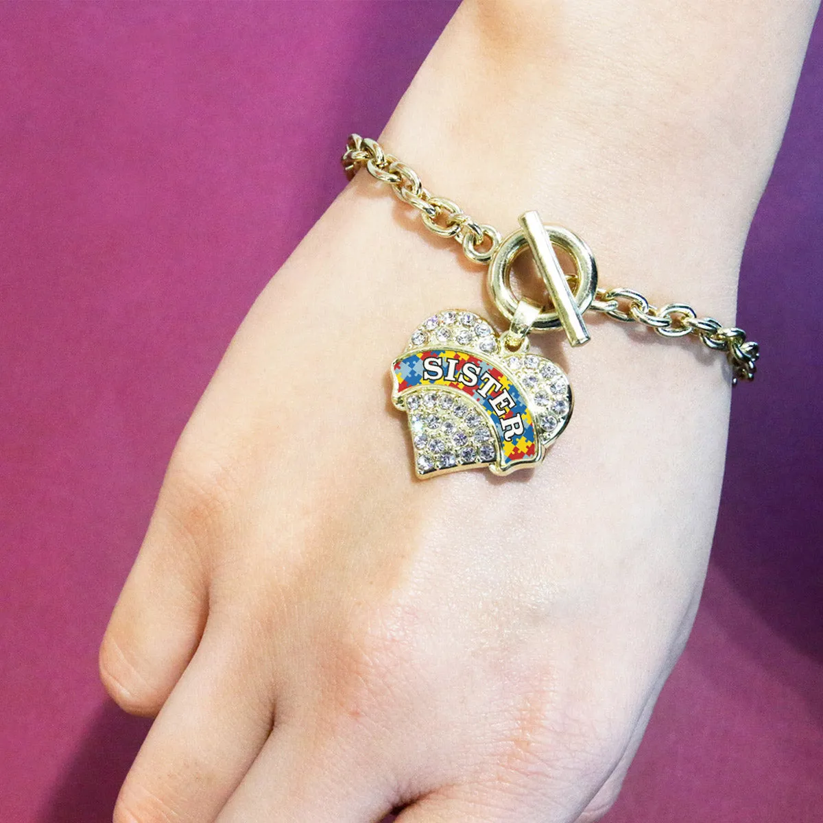 Gold Autism Sister Pave Heart Charm Toggle Bracelet