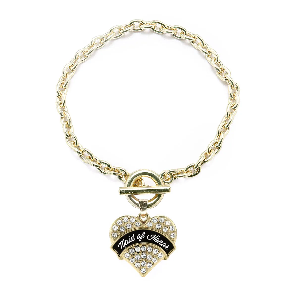 Gold Black and White Maid of Honor Pave Heart Charm Toggle Bracelet