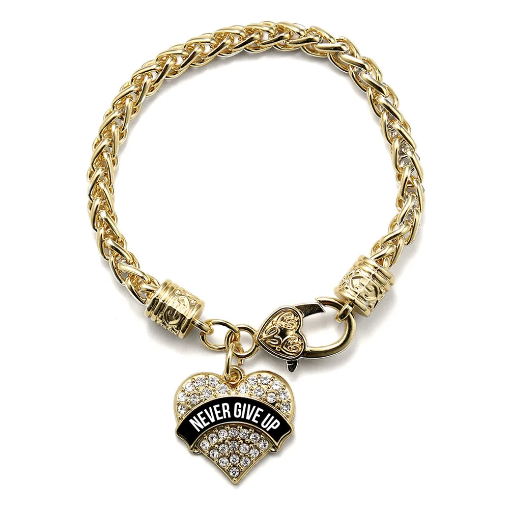 Gold Black Banner Never Give Up Pave Heart Charm Braided Bracelet