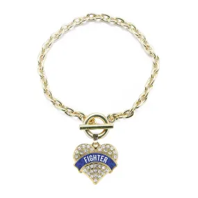 Gold Blue Fighter Pave Heart Charm Toggle Bracelet