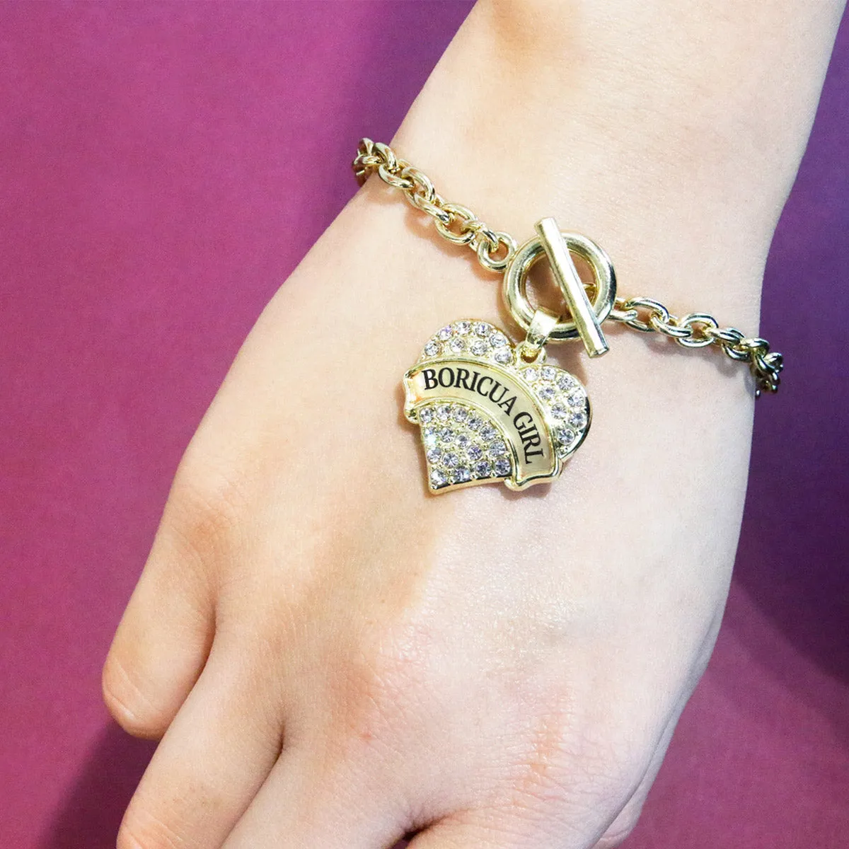 Gold Boricua Girl Pave Heart Charm Toggle Bracelet