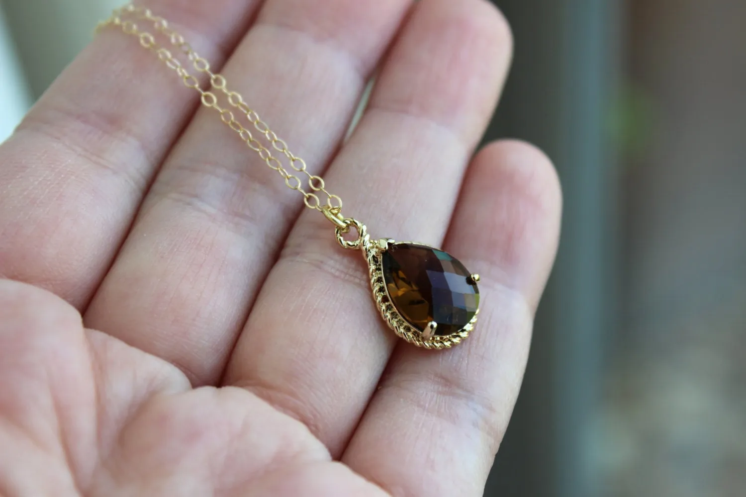 Gold Brown Necklace Teardrop Jewelry - 14k Gold Filled Chain - Topaz Bridesmaid Jewelry - Wedding Jewelry - Brown Necklace - Bridesmaid Gift