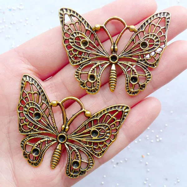 Gold Butterfly Charms | Filigree Butterfly Pendant | Huge Insect Jewellery | Nature Charm Necklace | Hand Bag Charm DIY | Earrings Making (2pcs / Antique Gold / 48mm x 37mm)