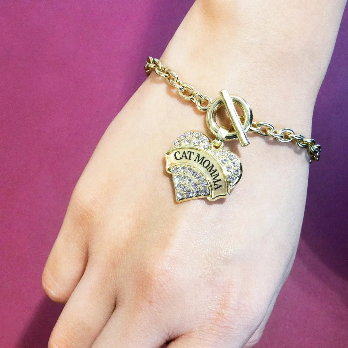 Gold Cat Momma Pave Heart Charm Toggle Bracelet