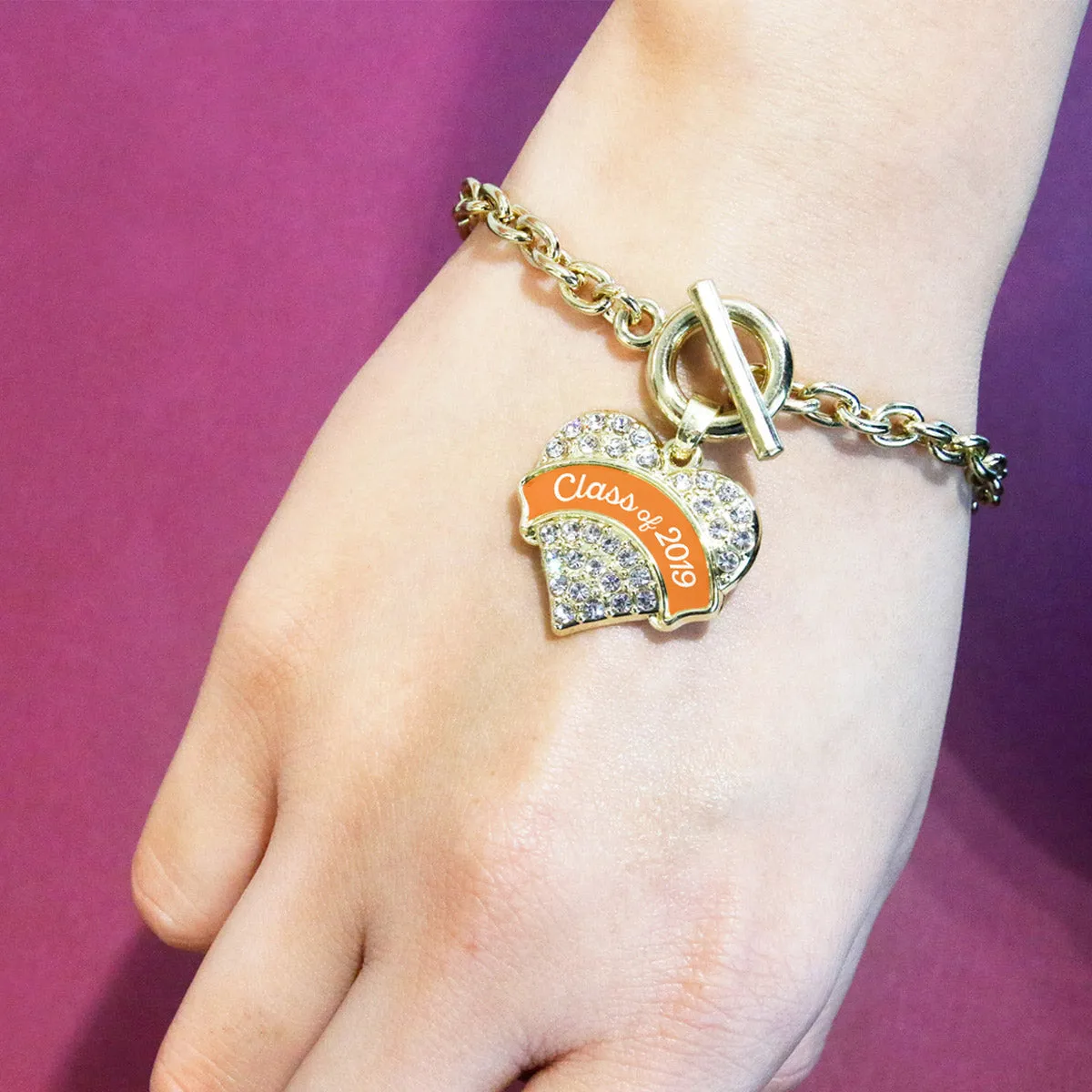 Gold Class of 2019 - Orange Pave Heart Charm Toggle Bracelet