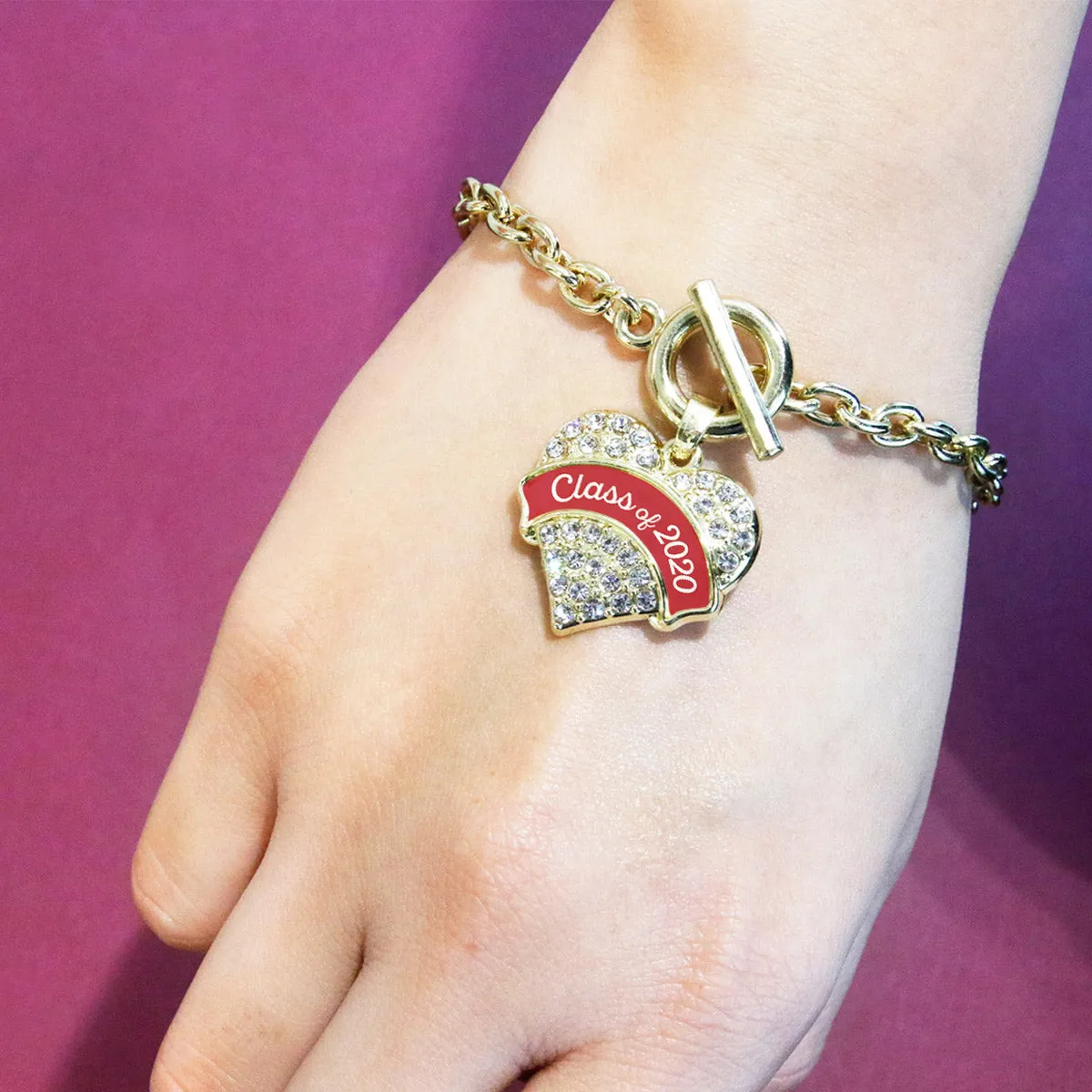 Gold Class of 2020 - Red Pave Heart Charm Toggle Bracelet