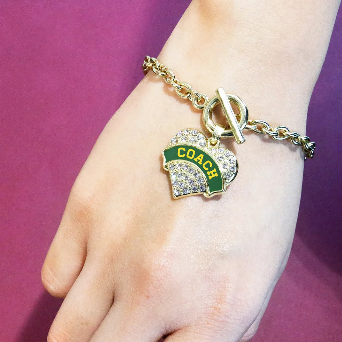 Gold Coach - Forest Green and Yellow Pave Heart Charm Toggle Bracelet