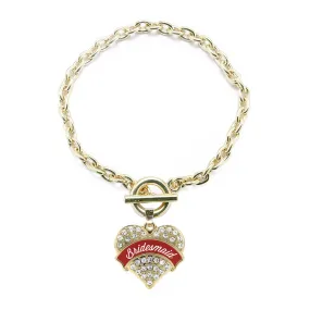 Gold Crimson Red Bridesmaid Pave Heart Charm Toggle Bracelet