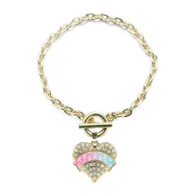 Gold Light Blue & Light Pink Ribbon Support Pave Heart Charm Toggle Bracelet