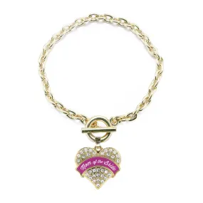 Gold Magenta Mom of Bride Pave Heart Charm Toggle Bracelet