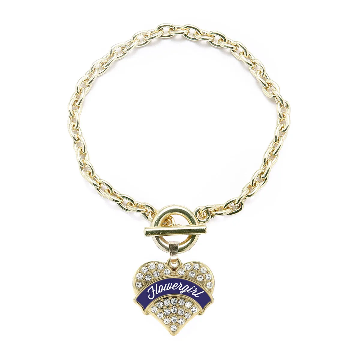 Gold Navy Blue Flower Girl Pave Heart Charm Toggle Bracelet