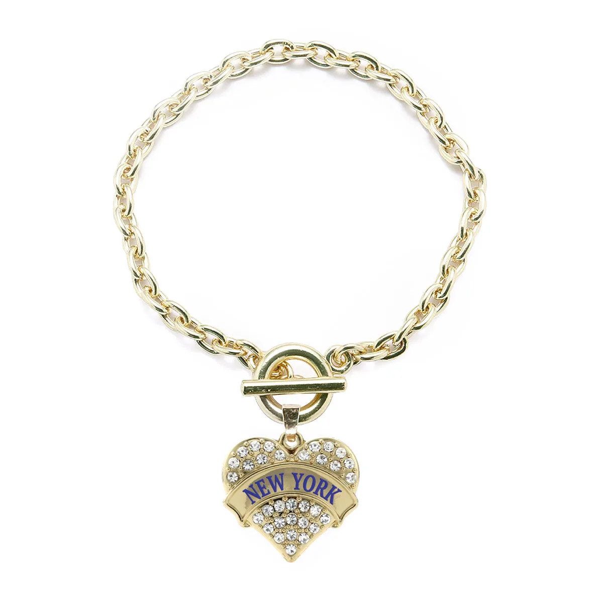 Gold New York Pave Heart Charm Toggle Bracelet