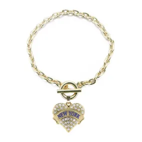 Gold New York Pave Heart Charm Toggle Bracelet