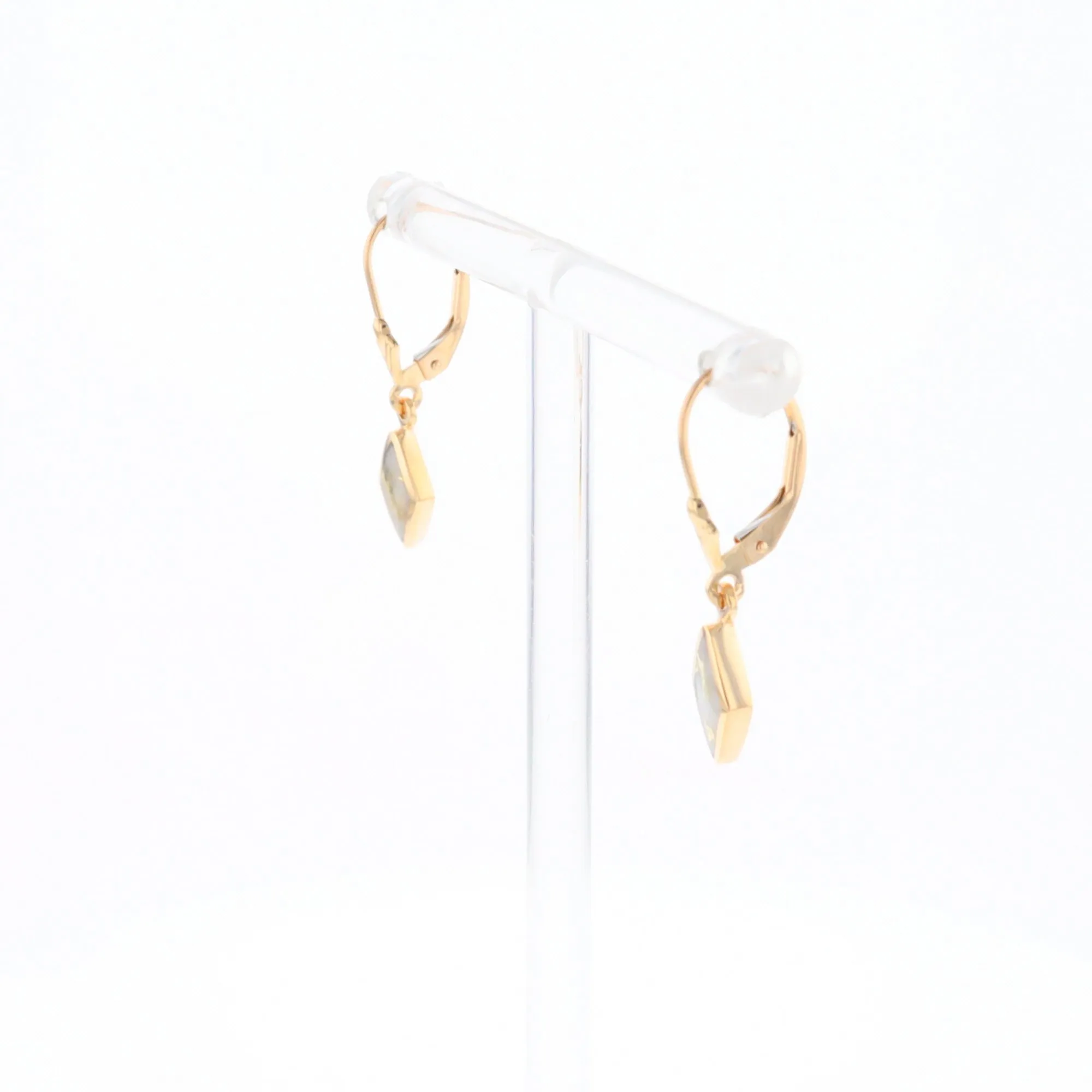 Gold Quartz Earrings Diamond Shape Inlaid Lever Backs G1