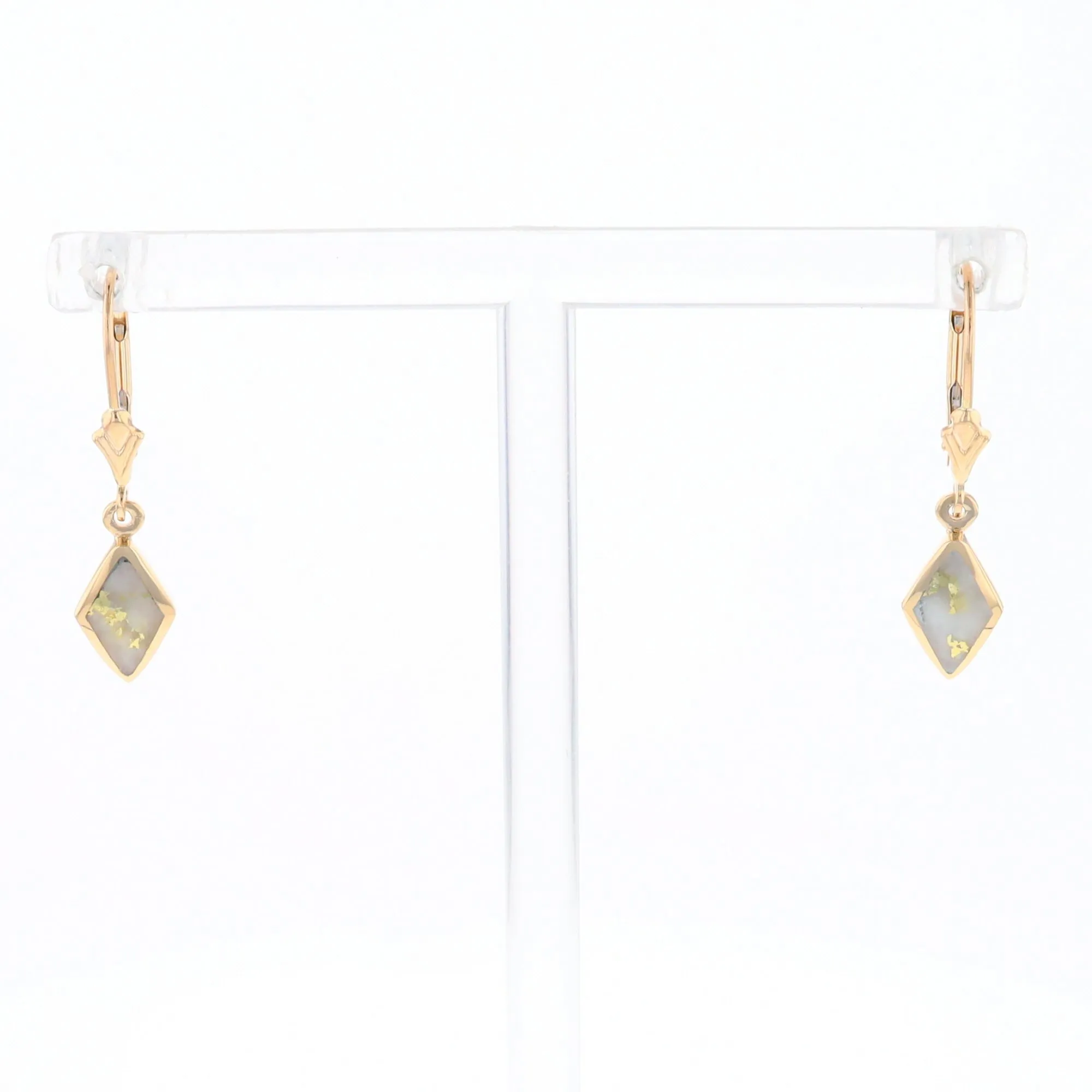 Gold Quartz Earrings Diamond Shape Inlaid Lever Backs G1