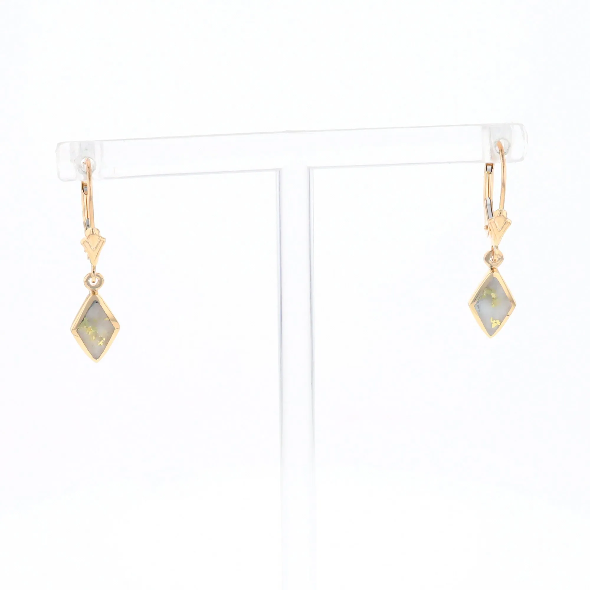 Gold Quartz Earrings Diamond Shape Inlaid Lever Backs G1