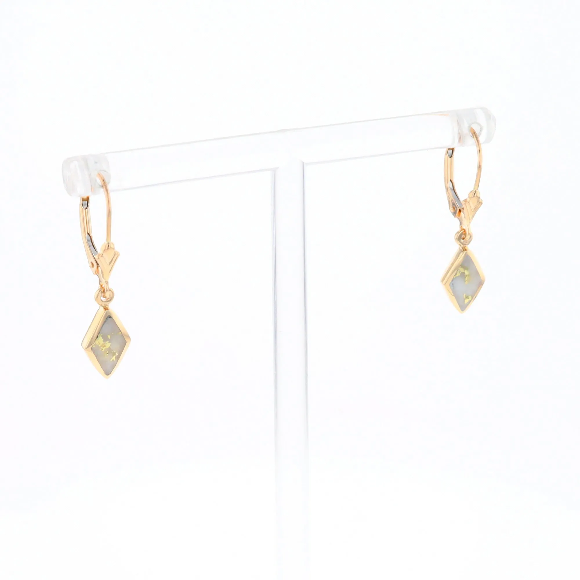 Gold Quartz Earrings Diamond Shape Inlaid Lever Backs G1