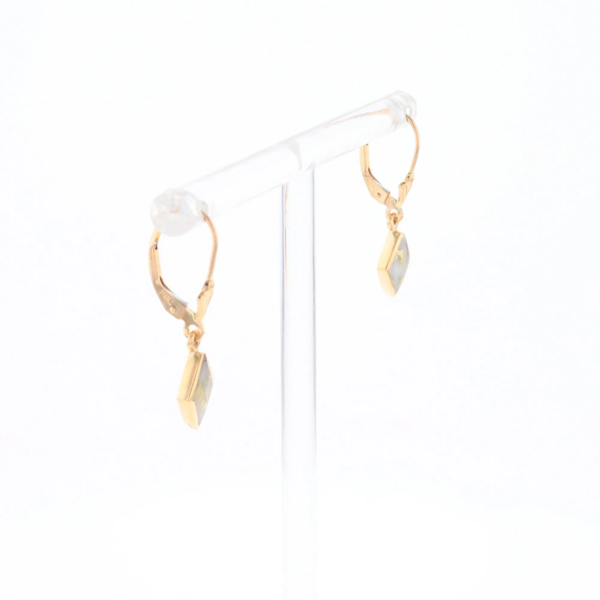 Gold Quartz Earrings Diamond Shape Inlaid Lever Backs G1