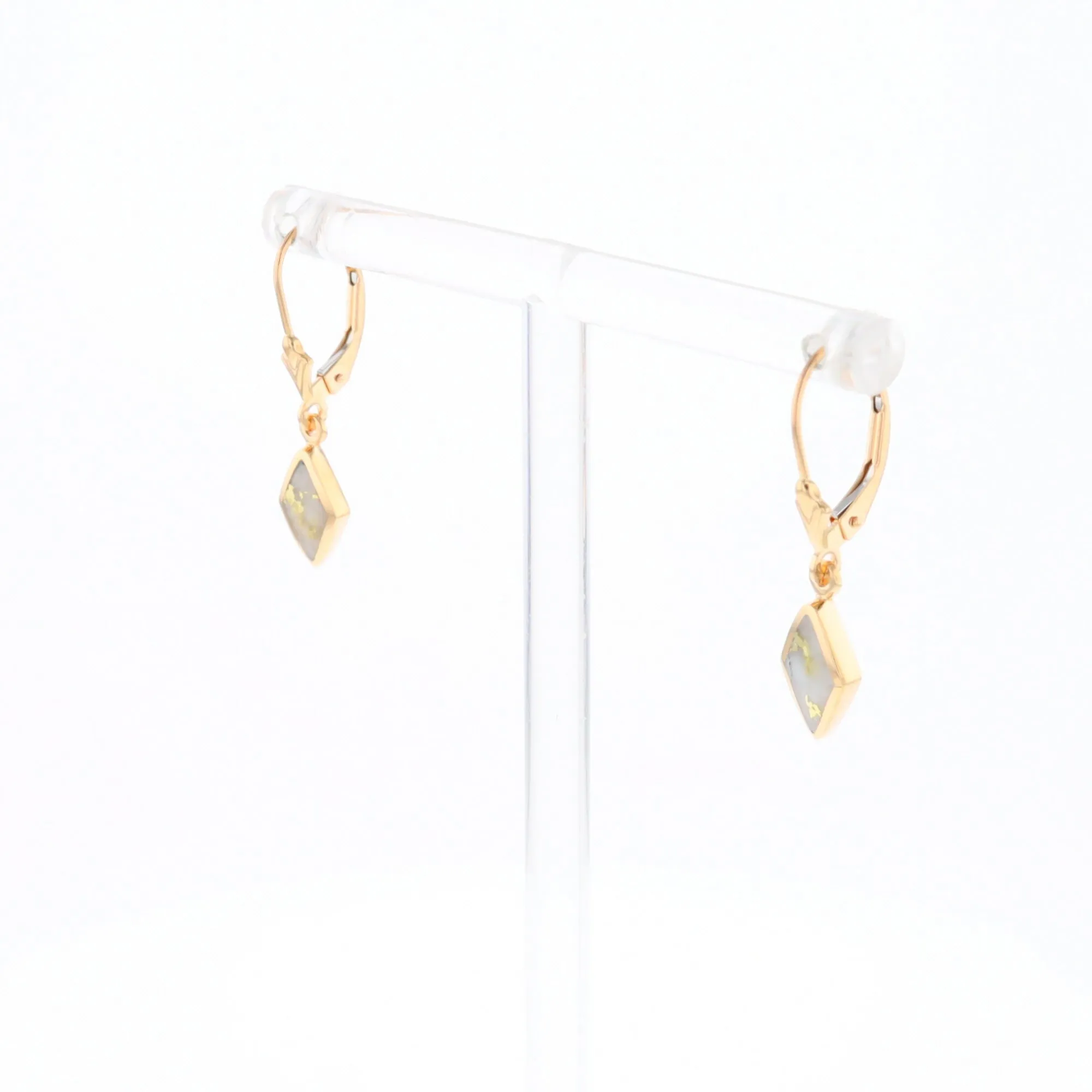 Gold Quartz Earrings Diamond Shape Inlaid Lever Backs G1