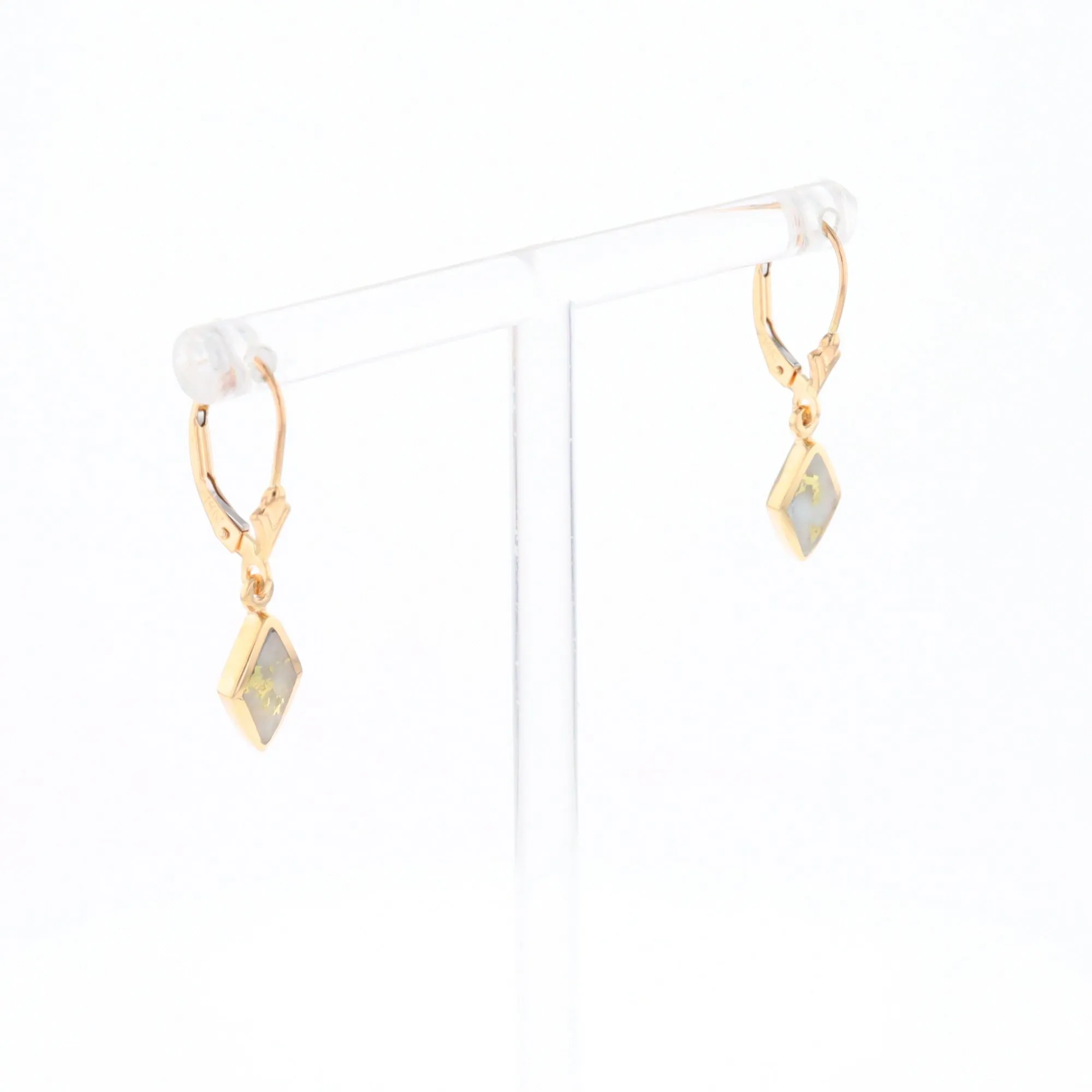 Gold Quartz Earrings Diamond Shape Inlaid Lever Backs G1