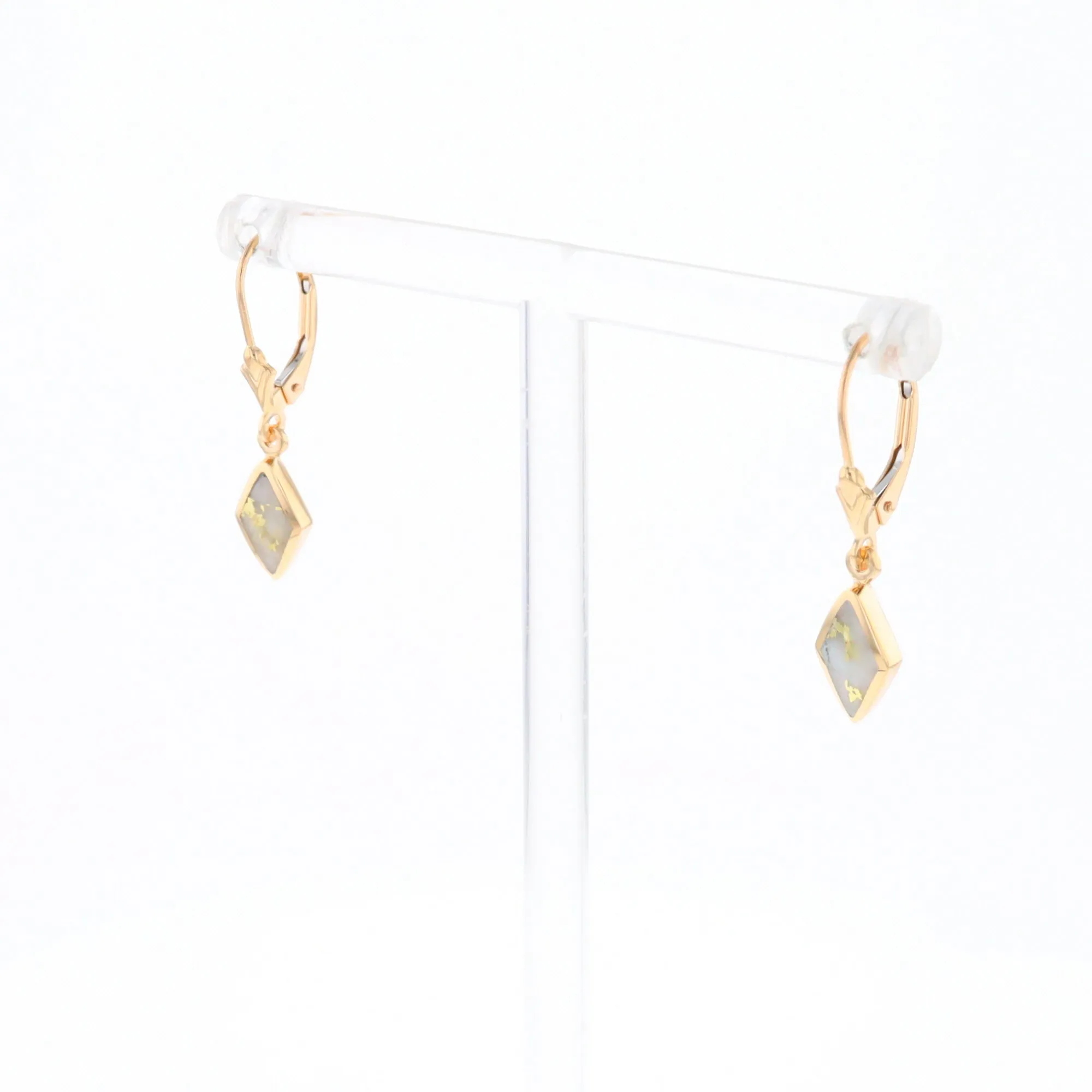 Gold Quartz Earrings Diamond Shape Inlaid Lever Backs G1