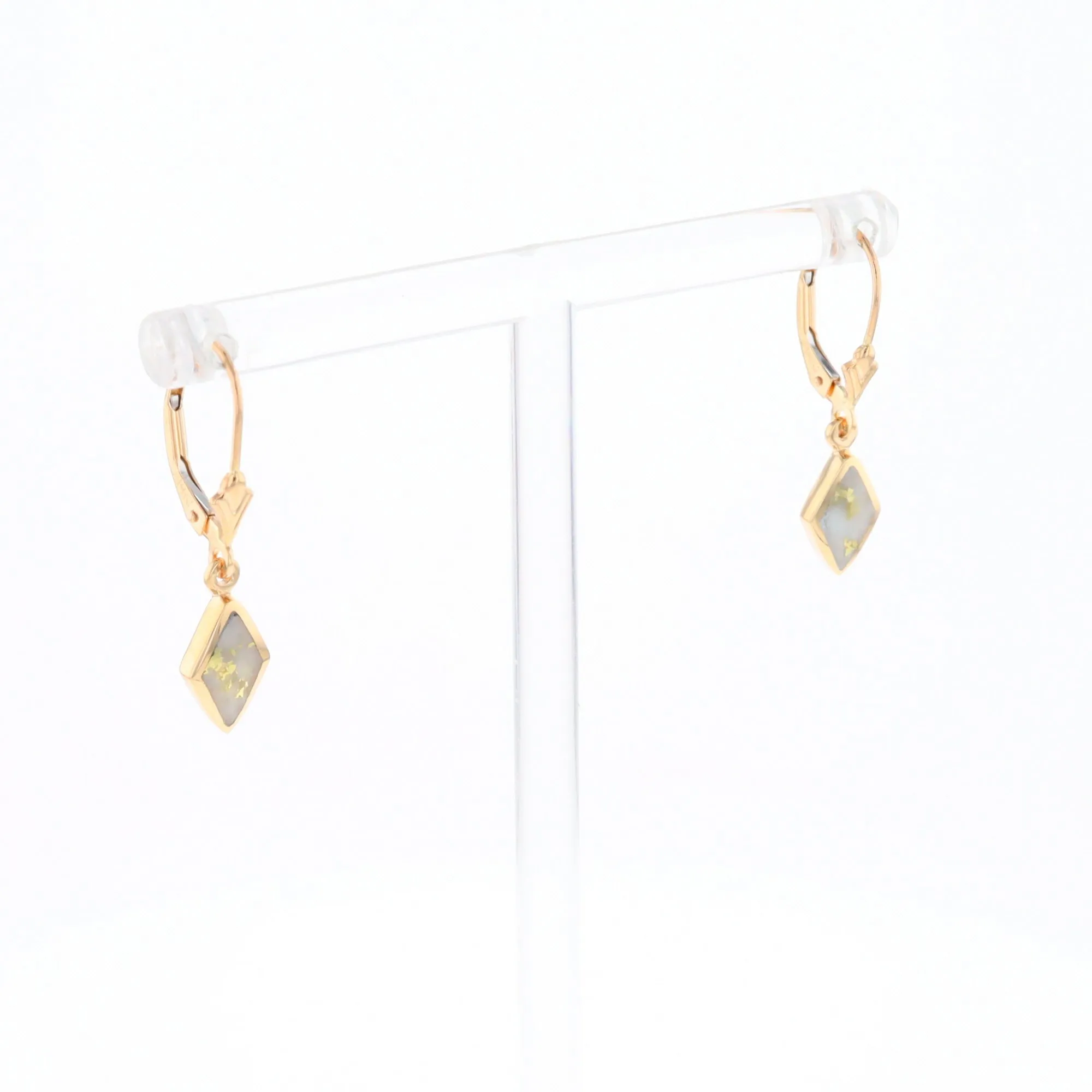 Gold Quartz Earrings Diamond Shape Inlaid Lever Backs G1