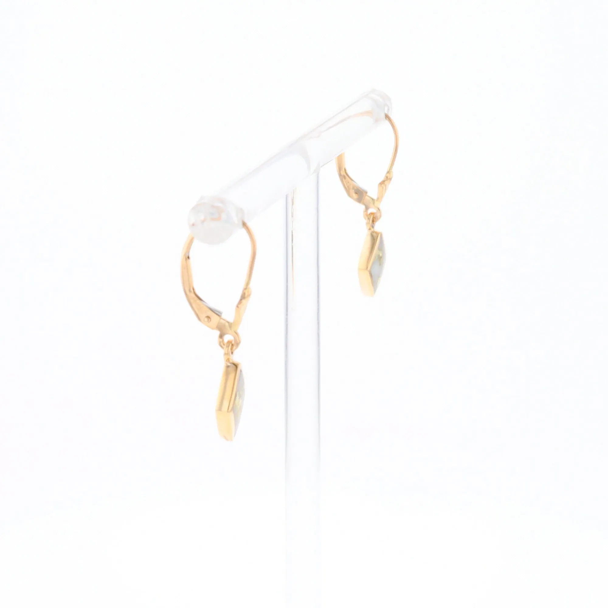 Gold Quartz Earrings Diamond Shape Inlaid Lever Backs G1