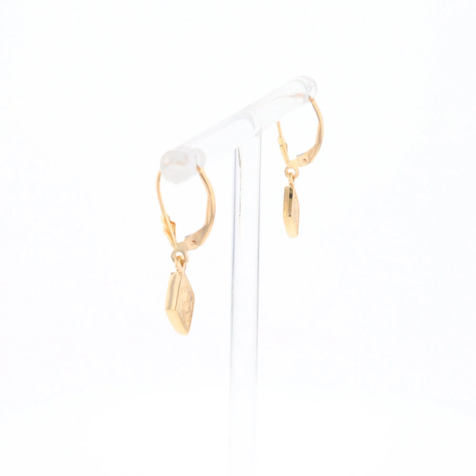 Gold Quartz Earrings Diamond Shape Inlaid Lever Backs G1