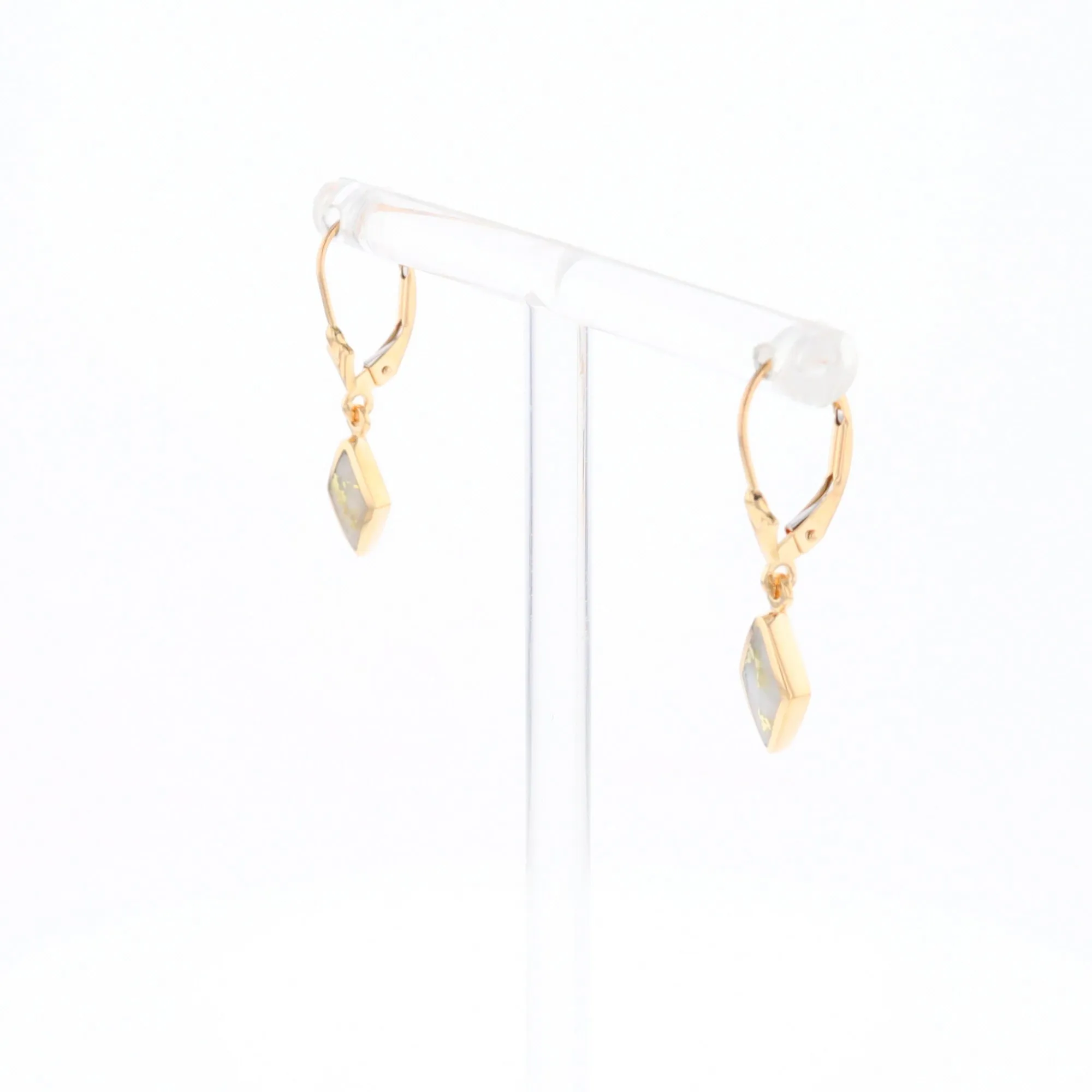 Gold Quartz Earrings Diamond Shape Inlaid Lever Backs G1