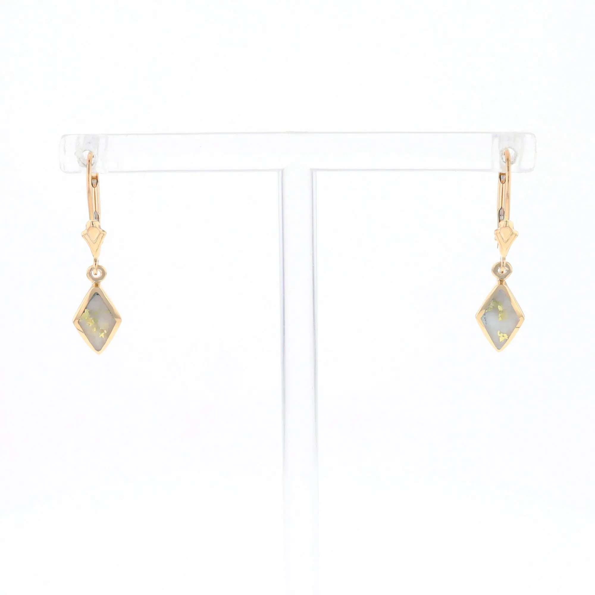 Gold Quartz Earrings Diamond Shape Inlaid Lever Backs G1