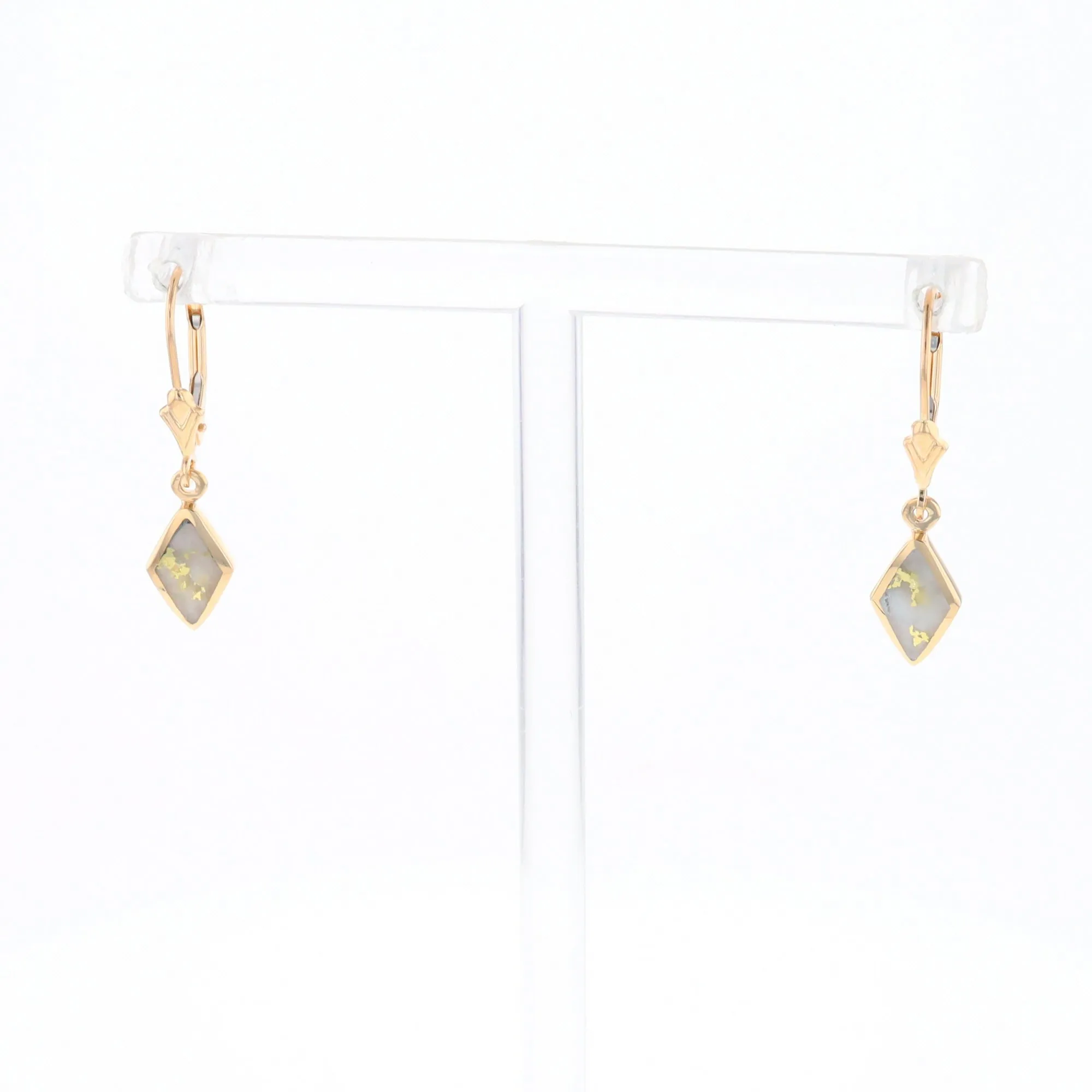 Gold Quartz Earrings Diamond Shape Inlaid Lever Backs G1