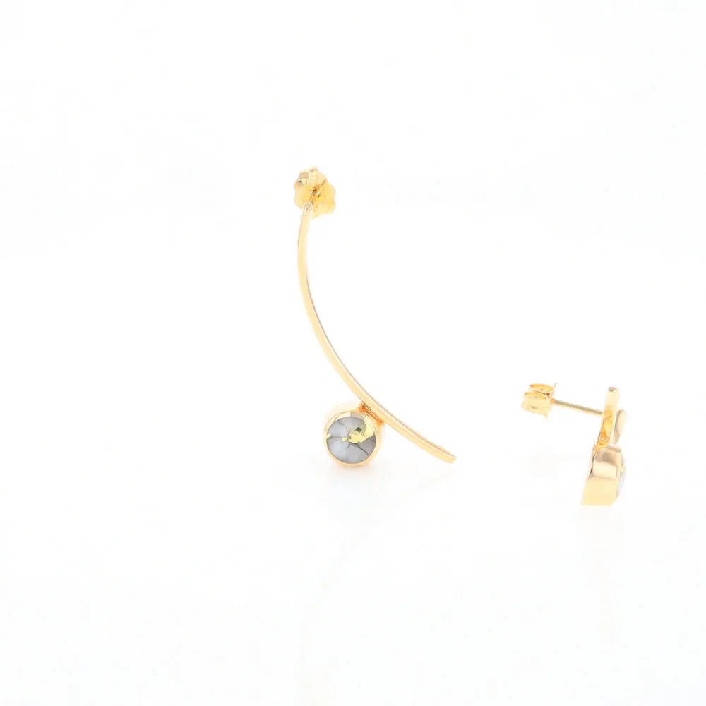 Gold Quartz Earrings Round Inlaid Curved Bar Design