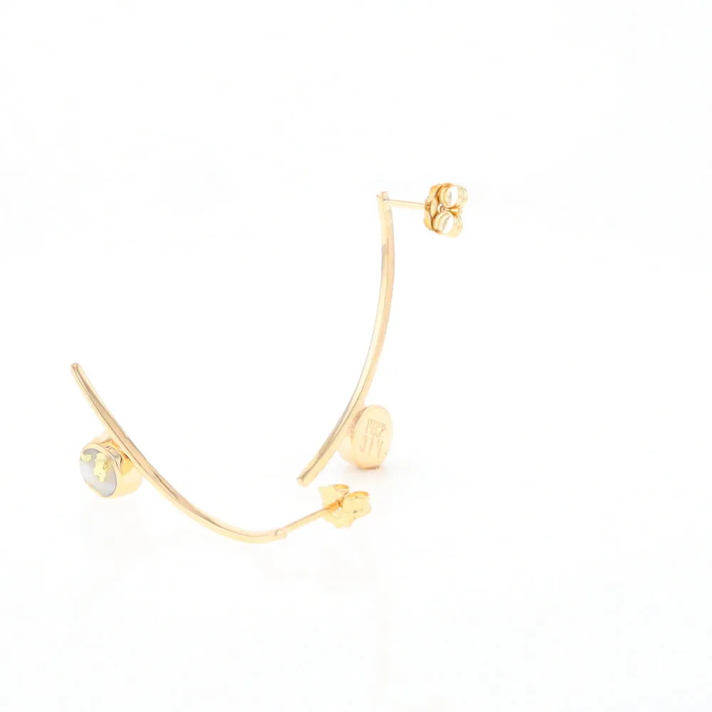 Gold Quartz Earrings Round Inlaid Curved Bar Design