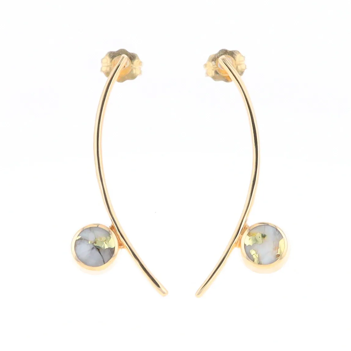 Gold Quartz Earrings Round Inlaid Curved Bar Design