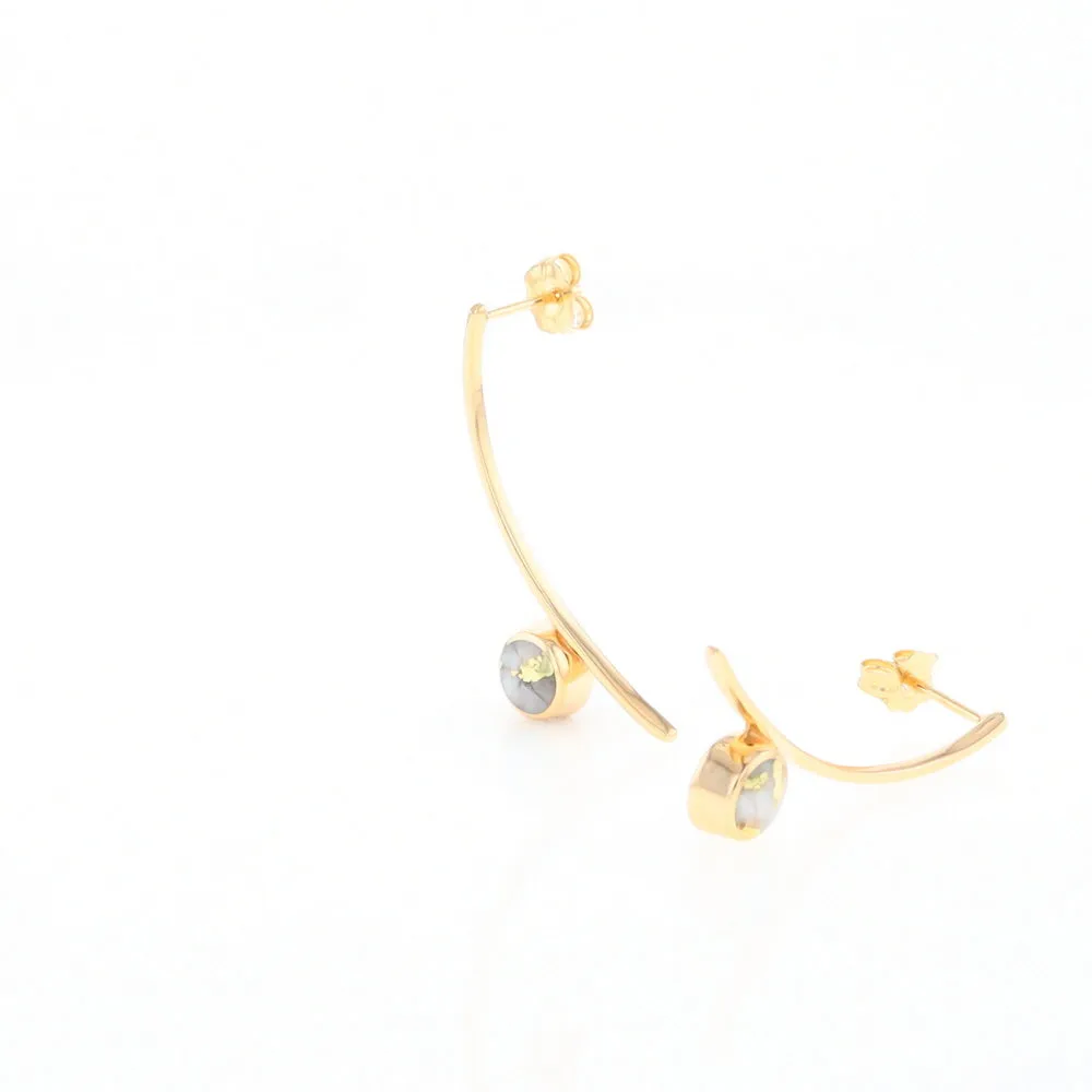 Gold Quartz Earrings Round Inlaid Curved Bar Design