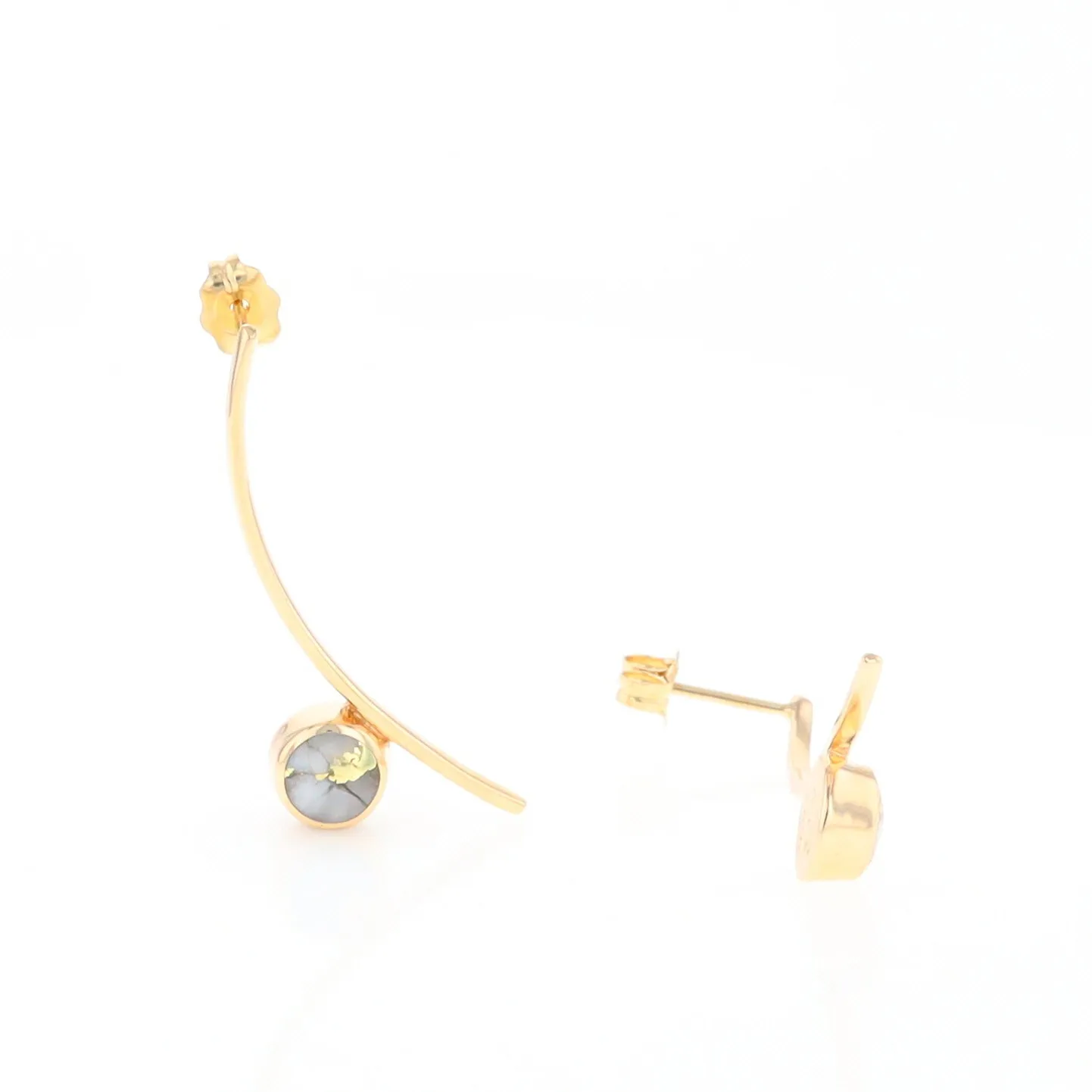 Gold Quartz Earrings Round Inlaid Curved Bar Design