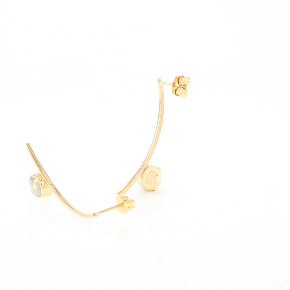 Gold Quartz Earrings Round Inlaid Curved Bar Design