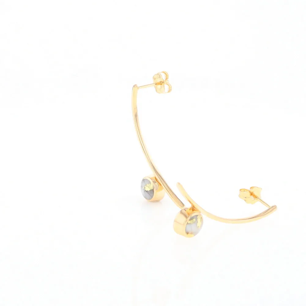 Gold Quartz Earrings Round Inlaid Curved Bar Design