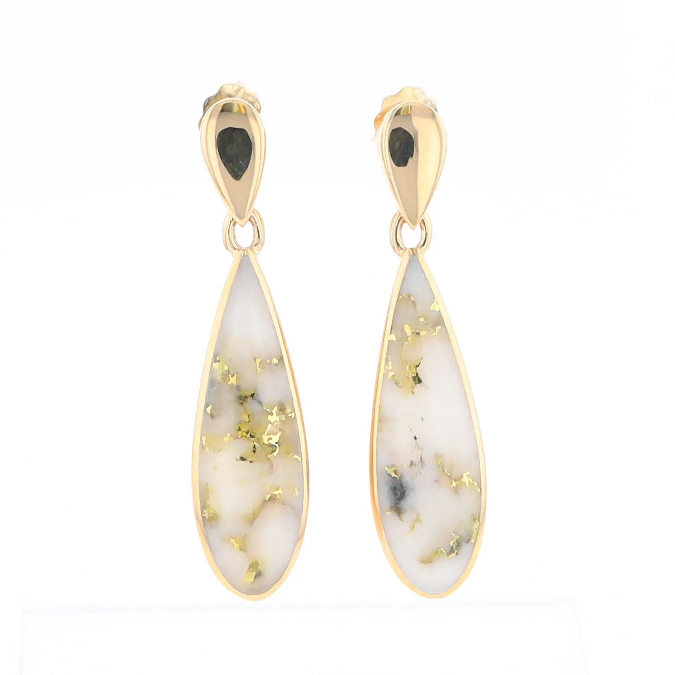 Gold Quartz Earrings Tear Drop Inlaid Design