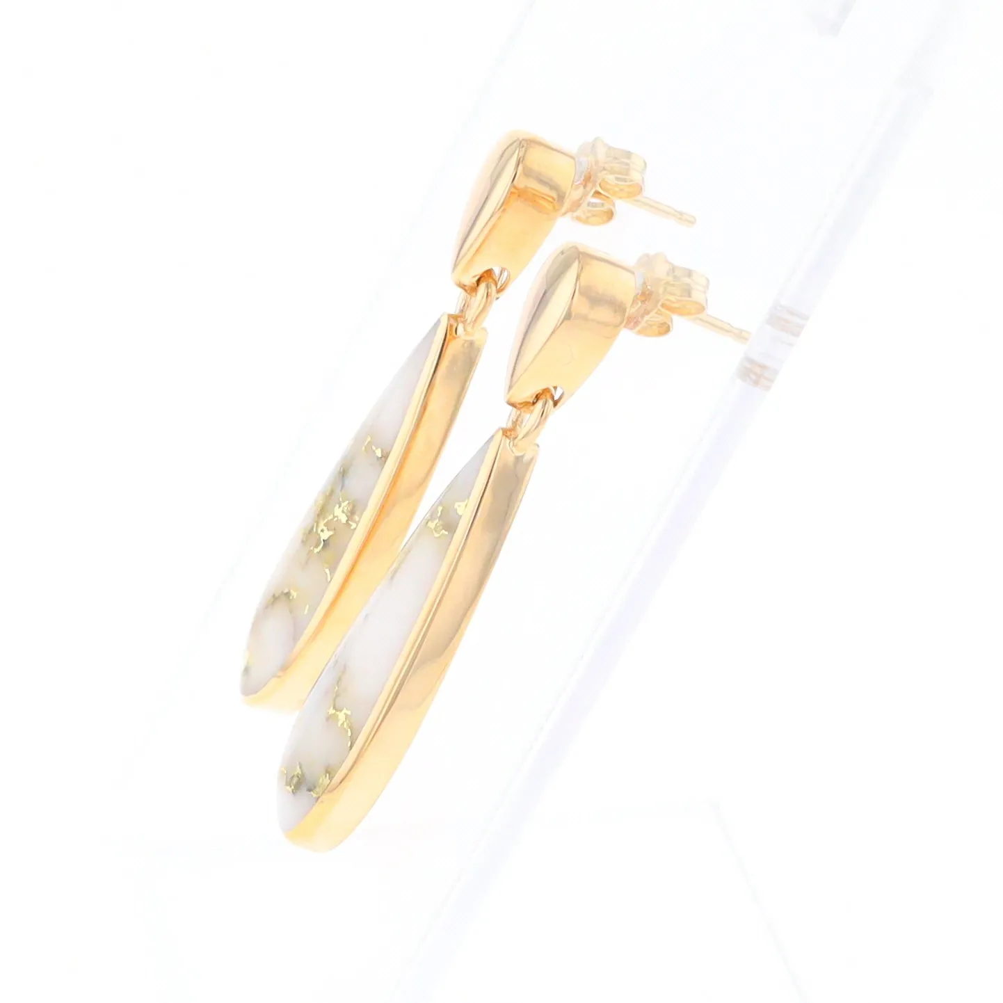 Gold Quartz Earrings Tear Drop Inlaid Design