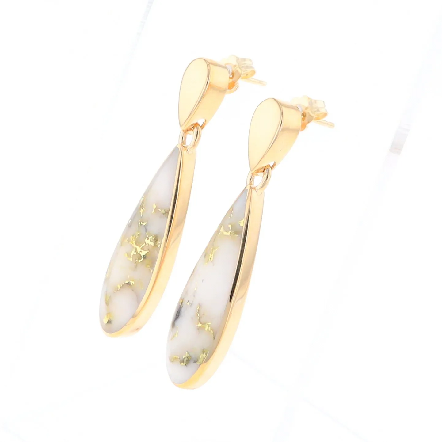 Gold Quartz Earrings Tear Drop Inlaid Design