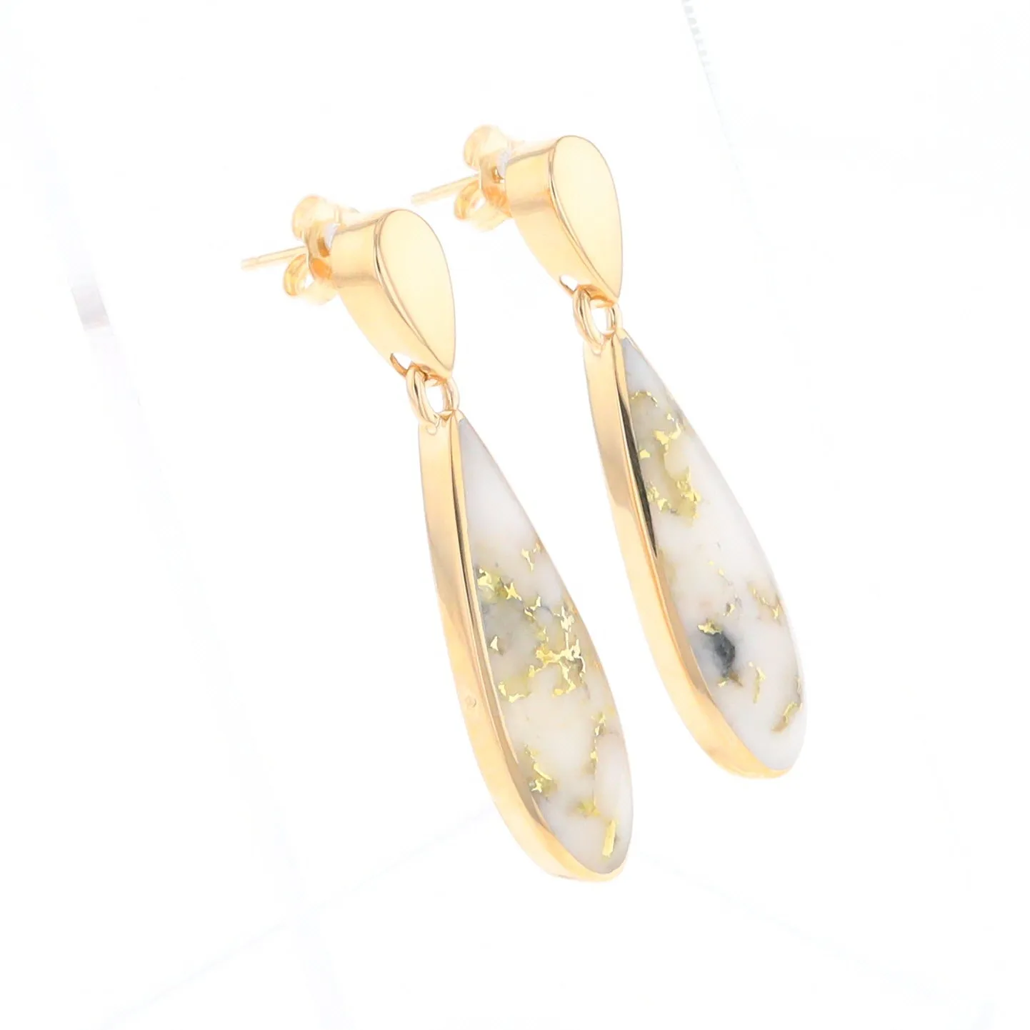 Gold Quartz Earrings Tear Drop Inlaid Design