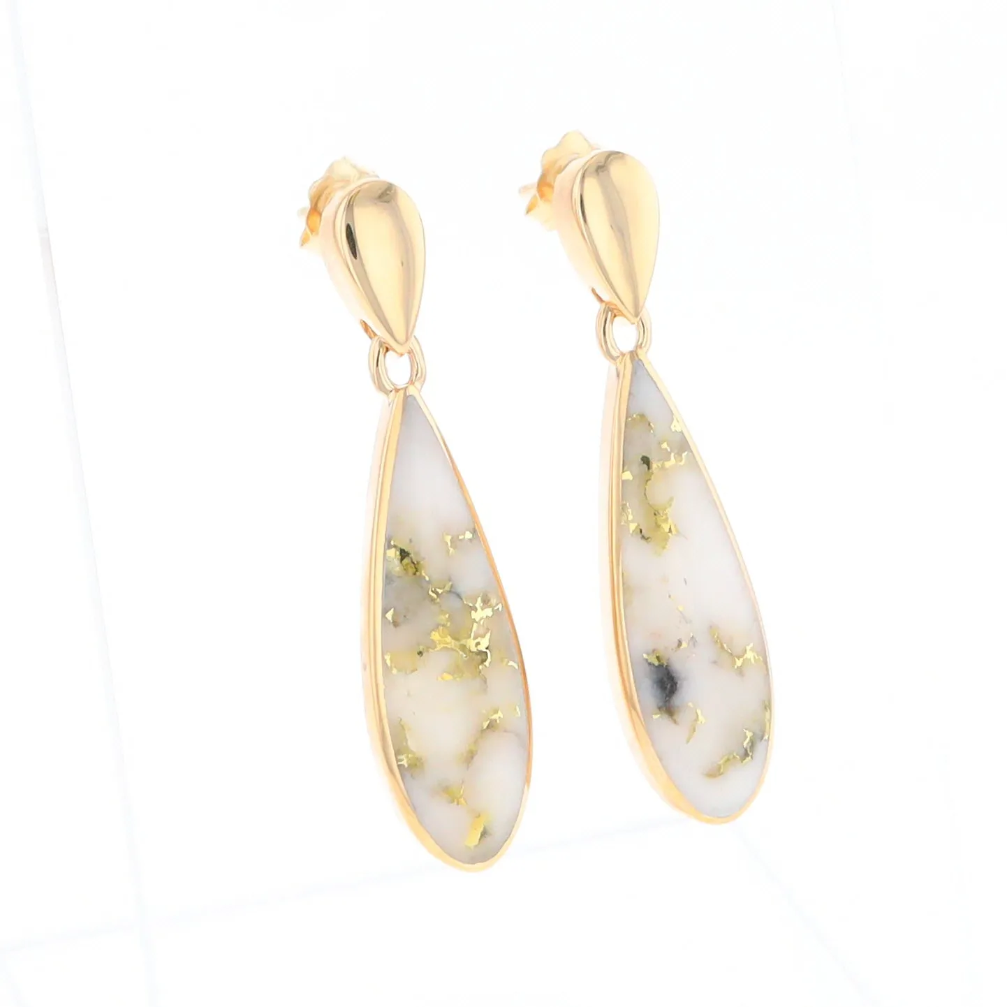 Gold Quartz Earrings Tear Drop Inlaid Design