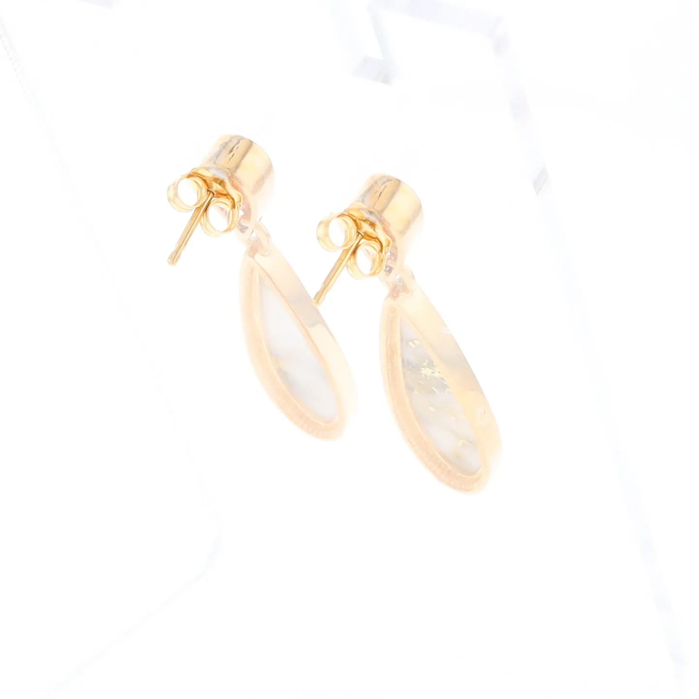 Gold Quartz Earrings Tear Drop Inlaid Design