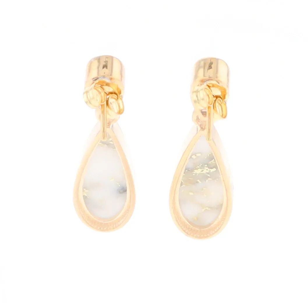 Gold Quartz Earrings Tear Drop Inlaid Design